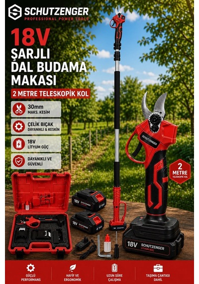 Germany 8011h 2 Metre Teleskopik Kol Uyumlu Şarjlı Dal Budama Makası 30mm 2 Bataryalı Set