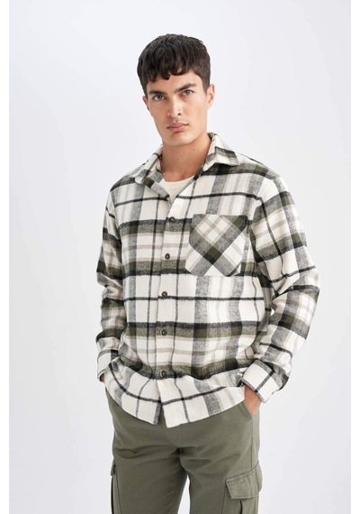 DeFacto Regular Fit Normal Kesim Kareli Oduncu Flanel Uzun Kollu Gömlek D1659AX24AUKH206 Haki