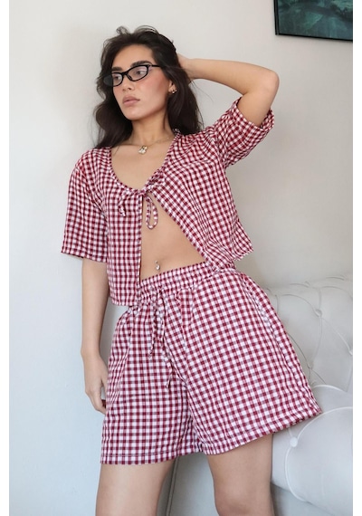 Madmext Bordo Pötikareli Şort Bluz Takım Mg2373