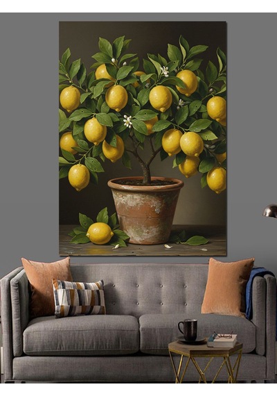 Ahşap Tablo Limon Ağacı Saksı Meyveler