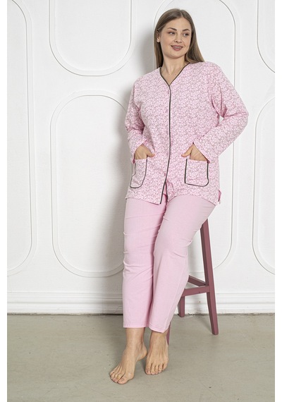 SEBOTEKS %100 Pamuklu Uzun Kollu Boydan Düğmeli Büyük Beden Kadın Pijama Takımı 206 Pembe