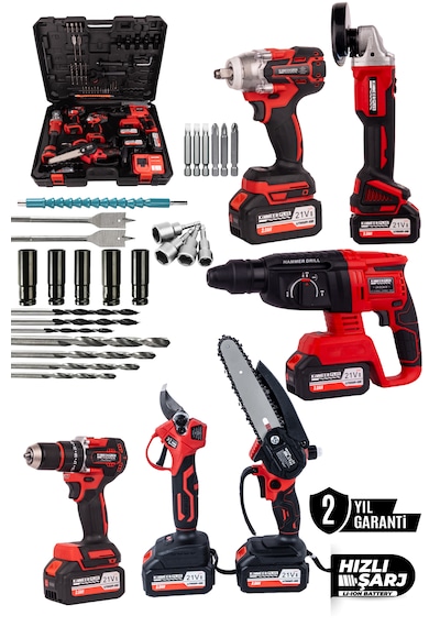 Kimmeer Plus KMP2026K6S 6'lı Set Kırıcı Delici Hilti + Vidalama +  Taşlama + Somun Sökme +  Budama Testeresi +  Budama Makası Kırmızı