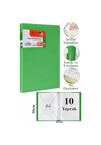 Sunum Dosyası 10 Lu 1 Paket Poşet Dosyalı Katalog Dosyası 10 Poşetli Kendinden Dosya Plastik Kapaklı Yeşil