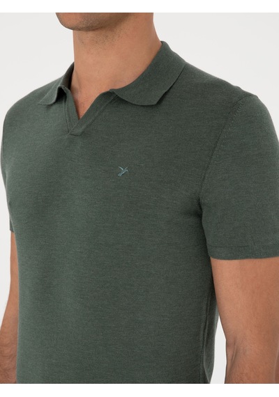 Koyu Yeşil Slim Fit Apaş Yaka Triko T-shirt