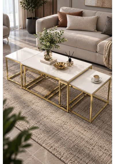 Sulorahome 4'lü Beyaz Ve Gold Metal Sehpa Seti Beyaz - Altın