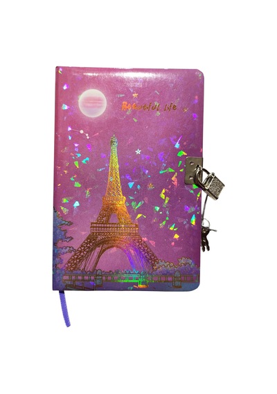 Yıldızlı Gece Hatıra Defteri Günlük Kilitli Defter 80 Yaprak - Paris Eyfel Pembe
