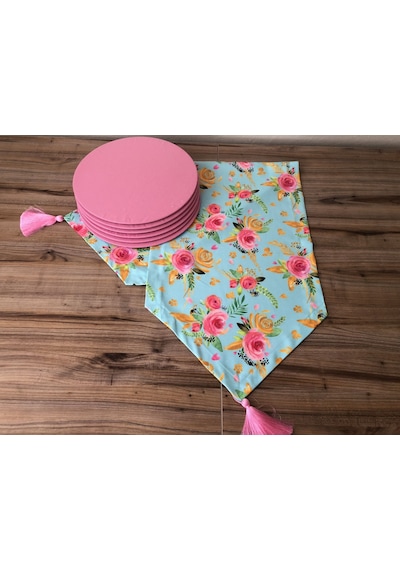 Mint Zemin Üzerine Pembe Gül Desenli Runner &supla Pembe