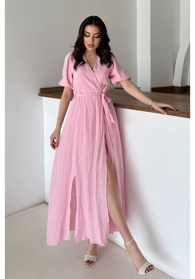 Duygudan Pembe Kruvaze Yaka Müslin Keten Elbise - Pembe Çok Renkli