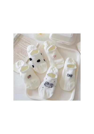 Hitit Socks Kadın 5 Çift Yumuşak Nefes Alabilen Karikatür Ve Sevimli Kedi Desenli Görünmez Çorap beyaz
