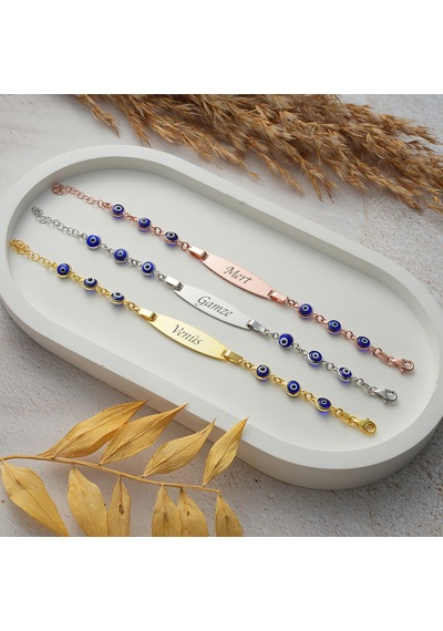 Queen Silver Jewelry 925 Ayar Gümüş Lacivert Göz Boncuklu Çocuk Künye İsim Yazılı Altın