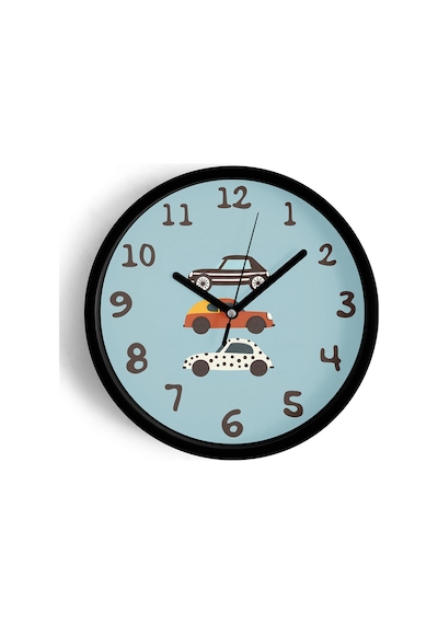 Arabalı Çocuk Odası Modern Duvar Saati - 25cm - Önü Camlı Siyah Kasa - Sessiz Mekanizma-jh0527 Siyah