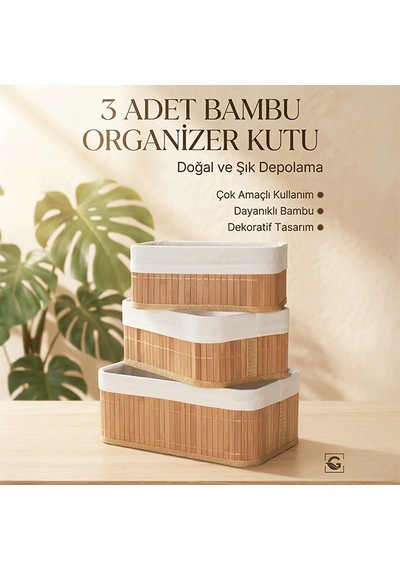 Bambu 3 Lü Oval Kutu Organizer Seti Doğal Bambu Saklama Ve Düzenleyici Seti Açık Bej
