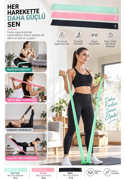 Online 3’lü Pilates Direnç Bandı Seti Fitness Egzersiz Lastiği