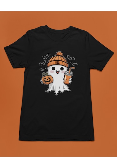 Bumeta Sevimli Hayalet Baskılı Cadılar Bayramı Halloween Unisex Tişört T-shirt Siyah