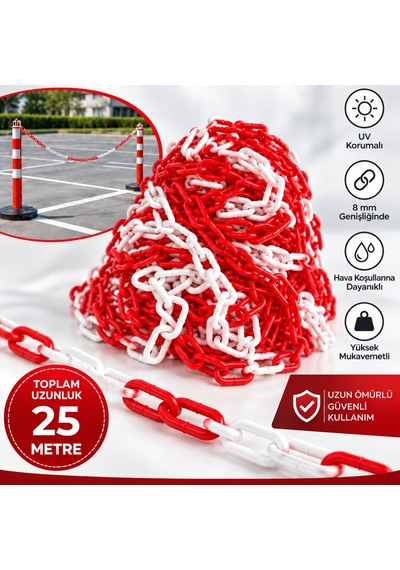 8 Mm Ekonomik İkaz Ürünü Plastik Kırmızı Beyaz 25 Metre Güvenlik Ve Bariyer Zinciri