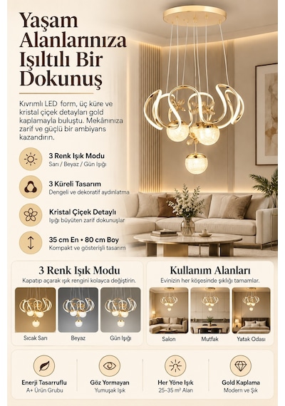 Ey-El Tasarım Maxı Toplu Taşlı Modern Sarkıt Led Avize 3 Renk Gold Kaplamalı Krom