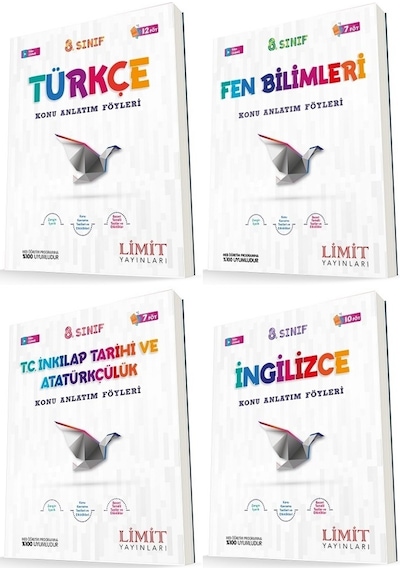 Limit 8. Sınıf Türkçe + Fen + İnkılap + İngilizce Konu Föyleri Seti 4 Kitap 2023