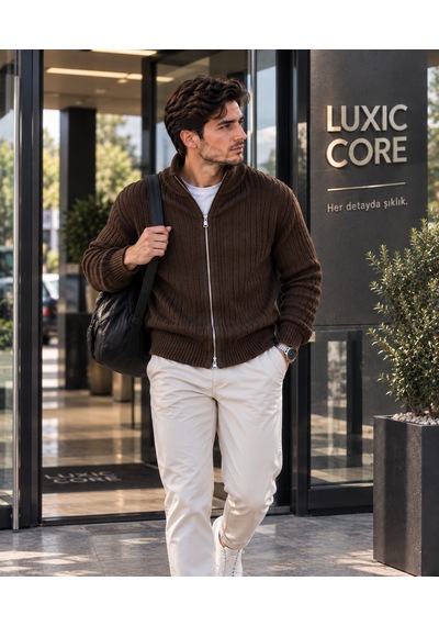 Luxıc Core Erkek Fermuarlı Triko Hırka Dik Yaka Şık Ve Rahat Günlük Kazak Kahverengi