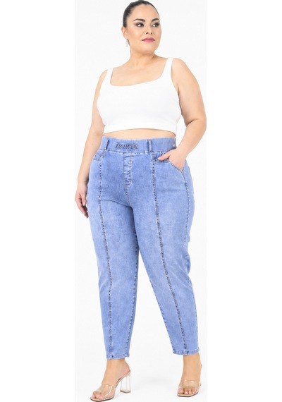 Büyük Beden Beli Lastikli Cepli Likralı Denim Mom Kesim Kadın Pantolon Mavi