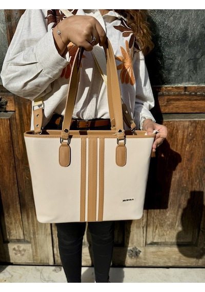 Just Polo Kadın Yeni Sezon Büyük Boy 3 Bölmeli Lüks El Ve Omuz Çantası Shoulder Bag Krem