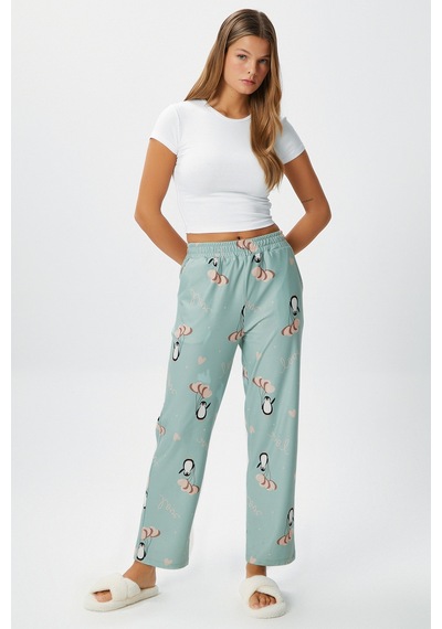 Kadın Teddi Ultra Yumuşak Cepli Mint Penguen Desen Yılbaşı Pijama Altı Mint