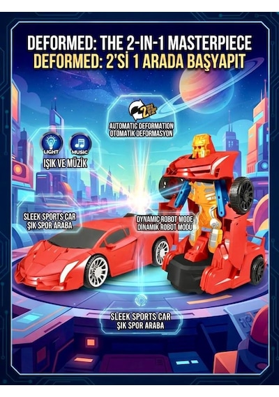 TıfılToys Eğitici Ve Eğlenceli Işıklı Kendinden Robota Dönüşen 15 Cm 2'si 1 Arada Araba Kırmızı Oyuncak Araba Çok Renkli
