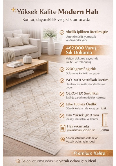Modern Geometrik Desenli Krem Bej Salon Halısı Akrilik İplik Leke Tutmaz Şık Halı Çok Renkli
