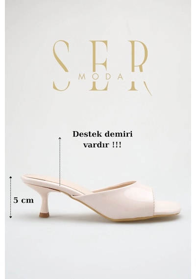 Sermoda Topuklu Kadın Terlik - 5 Cm İnce Topuklu Küt Burun Kadın Terlik Ten Rugan