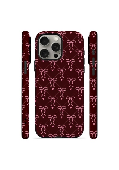 Velvoria Valestra Burgundy Bow Grid Apple iPhone Uyumlu 15 Pro Darbe Korumalı Kılıf Valestra Select - Burgundy Bow Grid