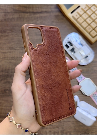 Samsung Galaxy A12 Uyumlu Premium Deri Dokulu Darbelere Karşı Dayanıklı Nazal Silikon Kılıf Kahverengi