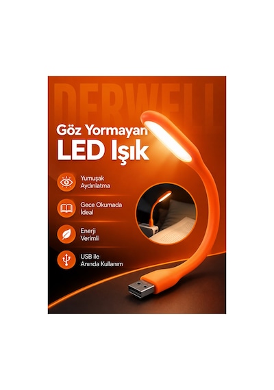 Esnek Usb Led Lamba Powerbank Laptop Ve Pc İçin Taşınabilir Gece Lambası Ve Kitap Okuma Işığı 5 Farklı Renk Seçeneği Mavi Kırmızı Turuncu