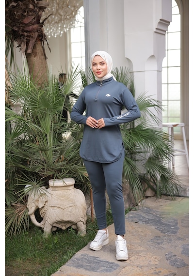 Mimi Luxury Wear Gri Kadın Fermuarlı Dalgıç Kumaş Standart Kalıp Jogger Eşofman Takımı 358
