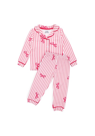 Bebegen Kız Bebek Beyaz Pembe Fiyonklu Çizgili Pijama Takımı Çok Renkli