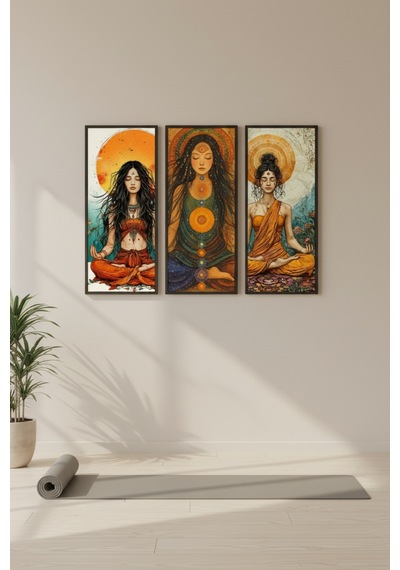 Yoga Tablosu 3 Lü Set 60x25 Cm Dikey Mdf Meditasyon & Yoga Temalı Duvar Tablosu