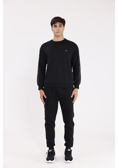 Rowinger Çift Şeritli Raglan Kol Minimal Logolu Bisiklet Yaka Sweatshirt Black