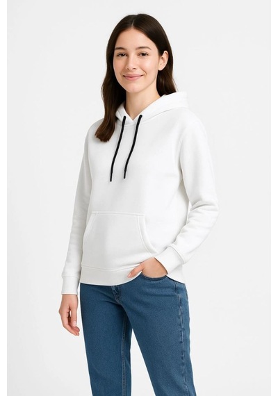 Vinevesta Kadın Kapüşonlu Kanguru Cepli 3 İplik Pamuklu Oversize Hoodie Sweatshirt - Beyaz Çok Renkli