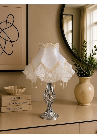 Ekru Kadife Kaplı El Yapımı Başlık Gümüş Kaplama Ayaklı Klasik Abajur Vintage 50x30cm