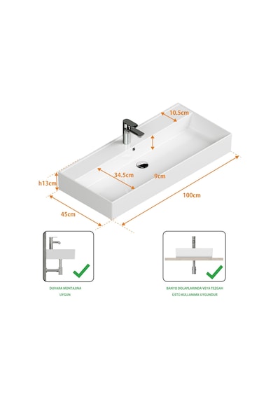 Aqua Bagno Plan Tezgah Üstü Kare Lavabo Beyaz 100 x 45 CM