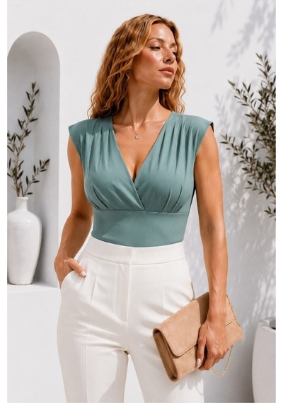 Store Krep Yaka Elbise V Kumaş Vatkalı Mint - 935898470 Mint