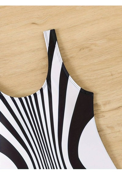 Hazego Kadın Yuvarlak Yaka Askılı Zebra Desen Baskılı Dalgıç Mayo Siyah