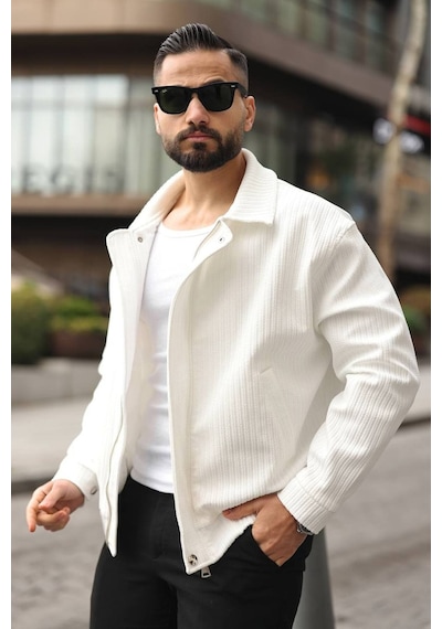 Yeni Sezon Dokulu Oversize Bol Kalıp Bomber Ceket Beyaz