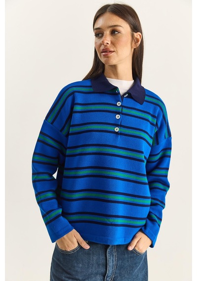 Shade Polo Yaka Çizgili Basic Triko Kazak 20258061 - Saks
