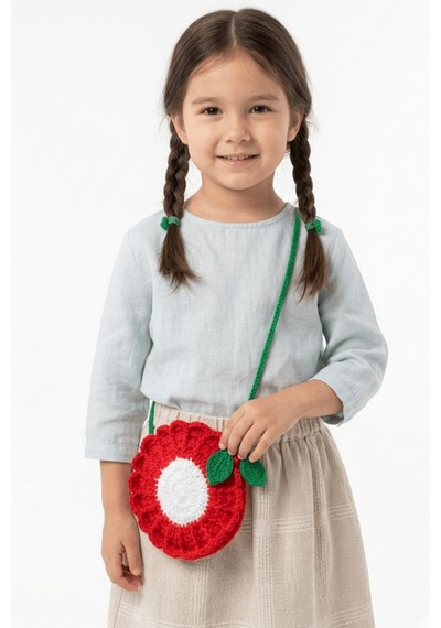 Bb Bibutikshop El Yapımı Örgü Çiçek Desenli Kız Çocuk Omuz Çantası Kırmızı