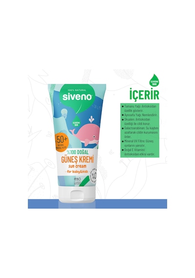 Siveno %100 Doğal Bebek Güneş Kremi Leke Karşıtı  Nemlendirici Bitkisel Vegan UVA UVB SPF 50+ 50 ML