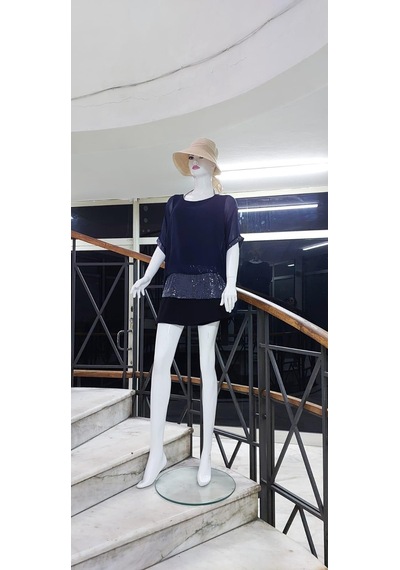 Bohem Stil İtalyan Yarasa Kollu Payetli İpek Bluz-9248 Lacivert
