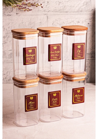 Snippy Boxy - 6'lı Ahşap Vakumlu Kapaklı Etiketli Baharatlık Takımı 350 Ml - Erzak Saklama Kabı Seti Ahşap