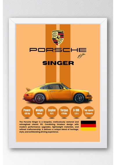 Porsche Singer Premium Klasik Spor Araba Tablosu - Teknik Özellikli Otomobil Duvar Dekoru Beyaz