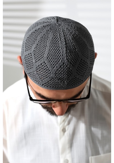 Makine Örgüsü Dantel Detaylı Namaz Takkesi Füme Füme