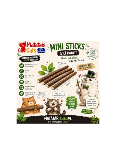 Mini Sticks 5 Li Doğal İnce Matatabi Çubuğu Kedi Oyuncağı İnce Çiğneme Çubuğu Kedi Diş Bakımı 12 Cm