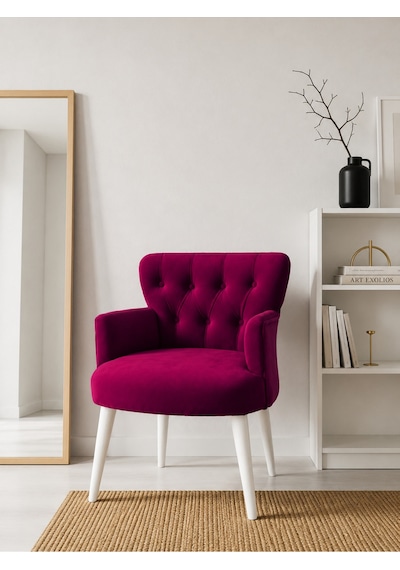 Roma Bordo Babyface Kumaş Berjer Beyaz Ahşap Ayaklı Modern Tekli Koltuk